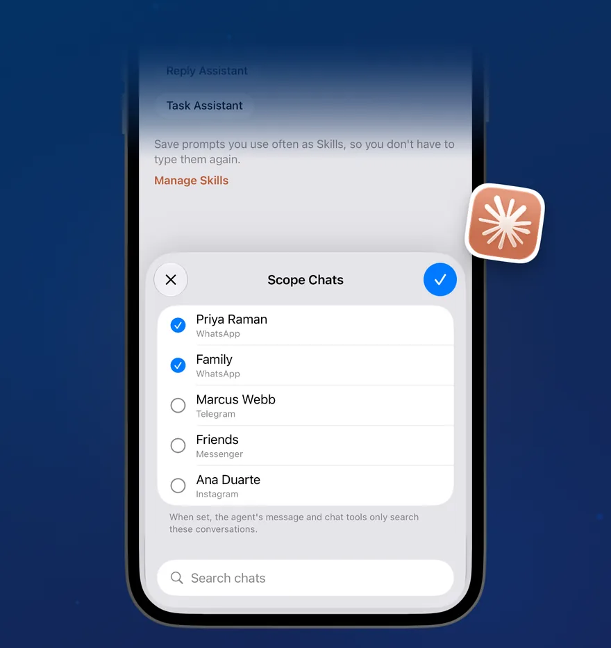Opening the AI Assistant from the inbox, choosing a model, switching on tools, and scoping it to two chats