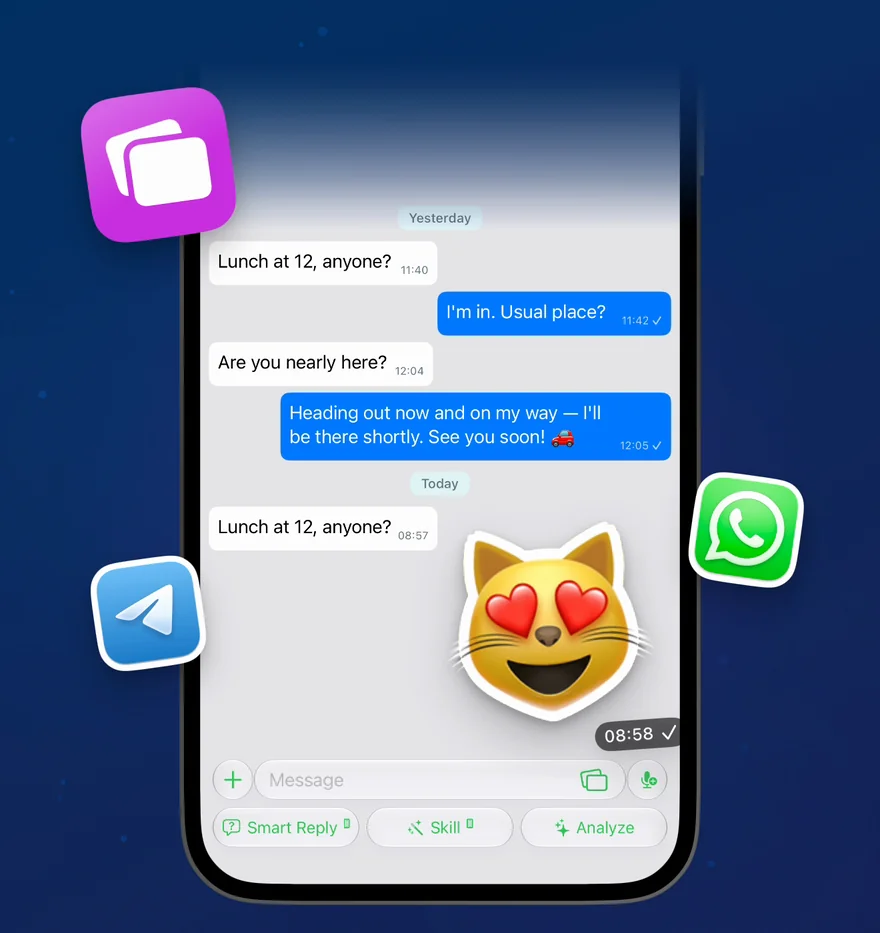 Opening the sticker picker in a WhatsApp chat, switching to the Telegram tab, and sending a Telegram sticker