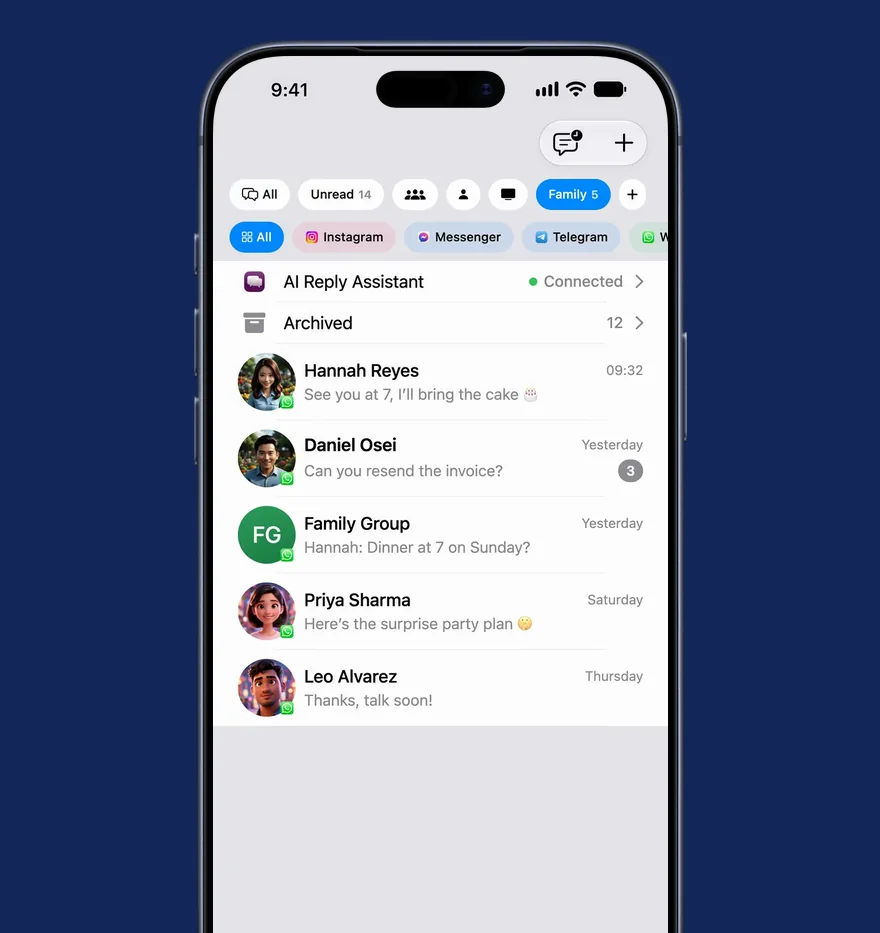 The plus at the end of the filter row opening New list, Family chosen as the name, a family group chat added, its members brought into the list with one tap, then Family as a filter chip with the inbox narrowed to those five chats