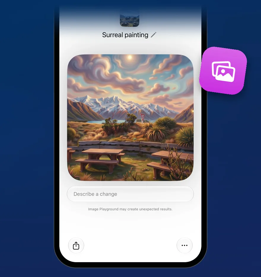 Image Playground opened in a chat: a photo and the words “Surreal painting” in the Animation style, the image generating, then the finished picture