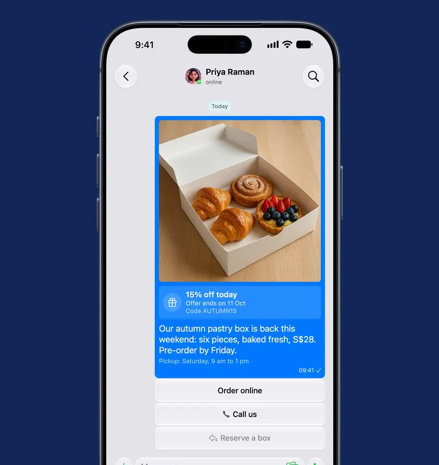 The Create Button sheet filled in with an offer, a message, a footer and three buttons, the Action menu open on the first button, then the sent message with its offer banner and buttons