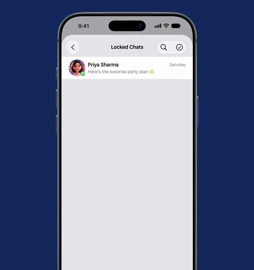 Long-pressing a chat and choosing Lock chat, the explainer sheet, Face ID scanning and confirming, then the chat moved out of the list into a Locked Chats row that opens it after another Face ID check