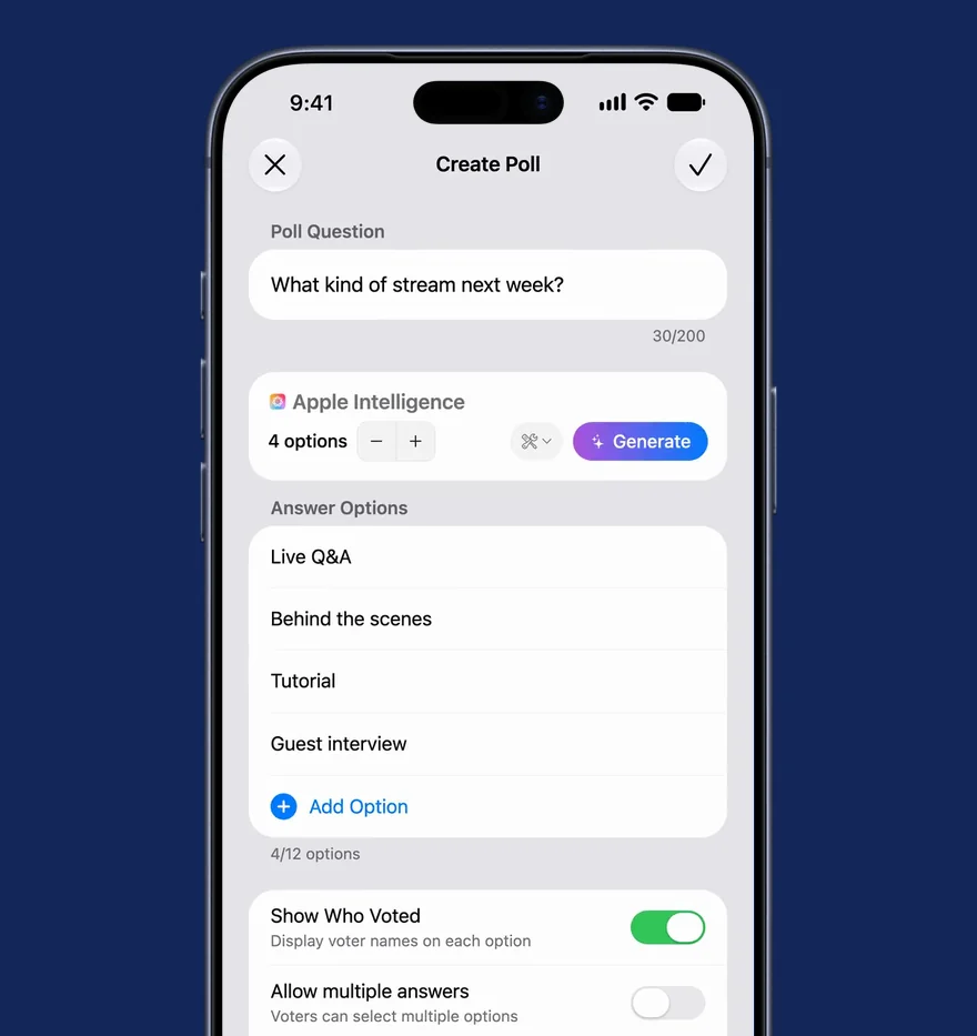 The Create Poll sheet: a question typed in, then Generate filling in four answer options one at a time