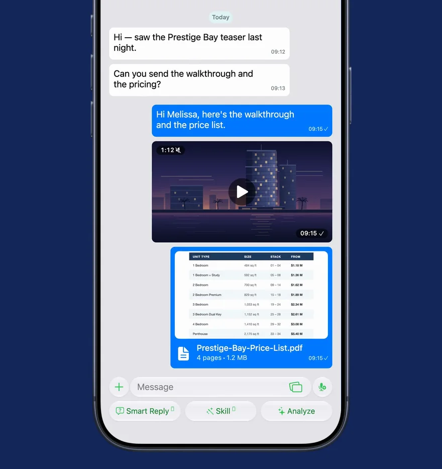 Typing / to pick a Quick Reply, which fills in "Hi Melissa" with a video and a PDF attached, then sending the text, the video and the PDF as three messages
