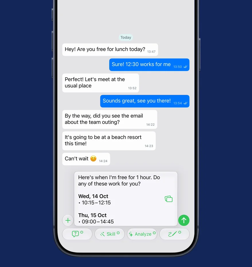 Share Availability chosen from a chat’s attach menu, Wednesday and Thursday picked on a month showing free slots per day, a free block chosen on each, then the two times inserted into the message field without any event titles