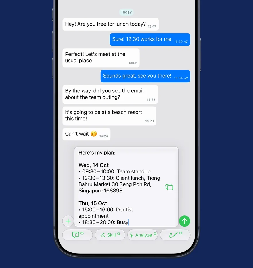 Share Itinerary chosen from a chat’s attach menu, Wednesday and Thursday picked on the calendar, four events listed with the Family dinner’s title hidden as Busy, then the plan inserted into the message field