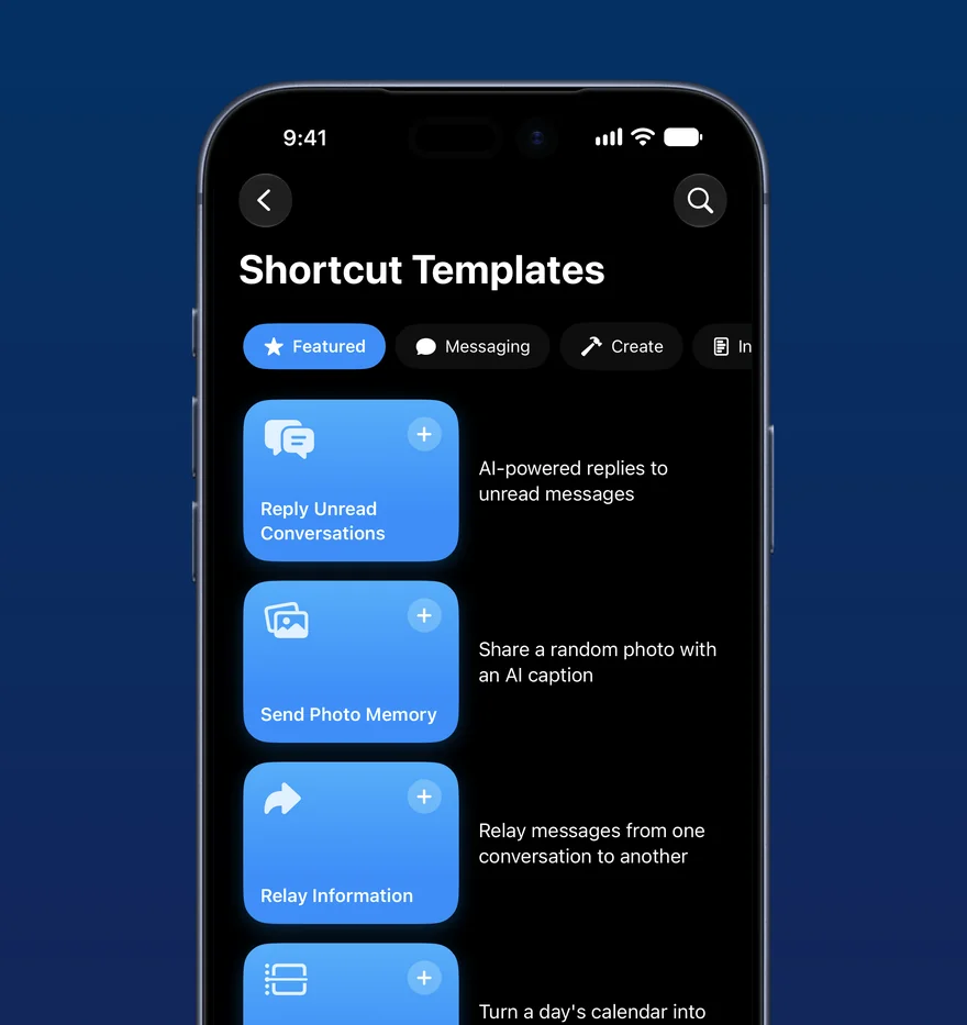 The Shortcut Templates gallery: Reply Unread Conversations, Send Photo Memory and Relay Information, each with a one-line description