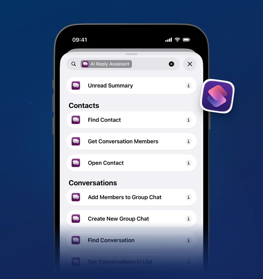 AI Reply Assistant’s actions in the Shortcuts app, scrolled from Contacts to Skills