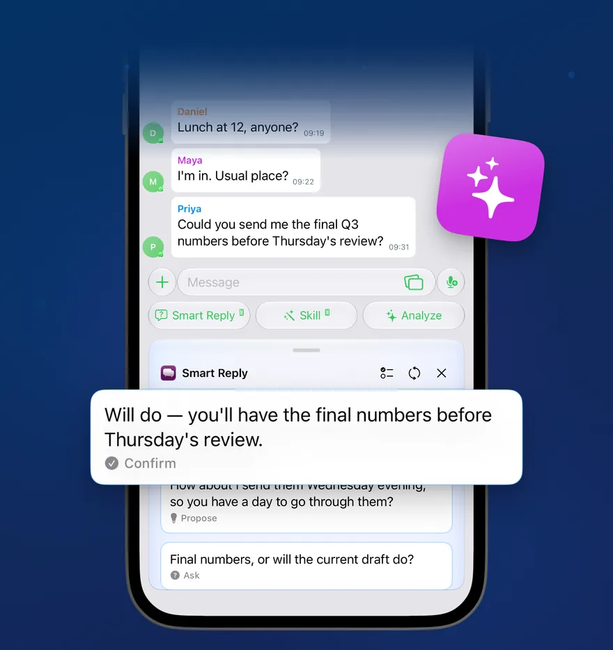 Selecting the message to answer, then three Smart Reply drafts, each tagged with an intent