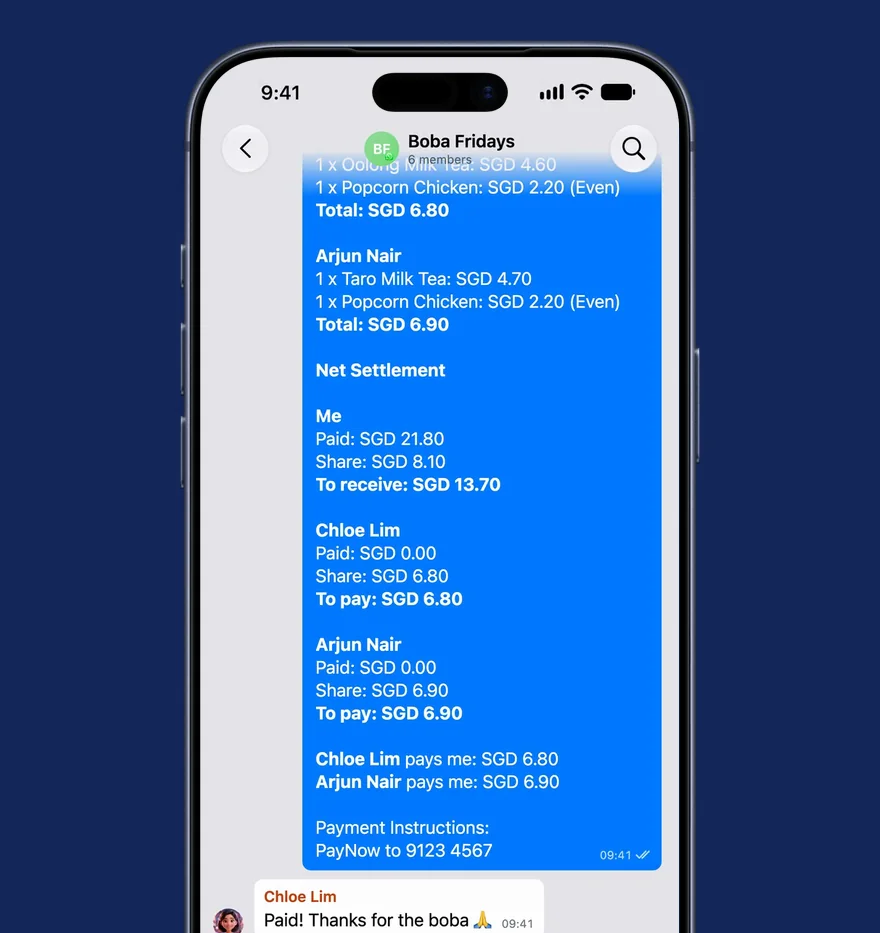Split Bill chosen from a group chat’s attach menu, a bubble tea receipt read item by item, each person given what they ordered and the shared popcorn chicken split evenly, then the bill sent into the chat with what each person owes