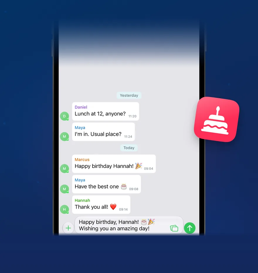 Sync Birthday in Contacts, Hannah’s birthday on her card, then the birthday banner adding a greeting in the group chat
