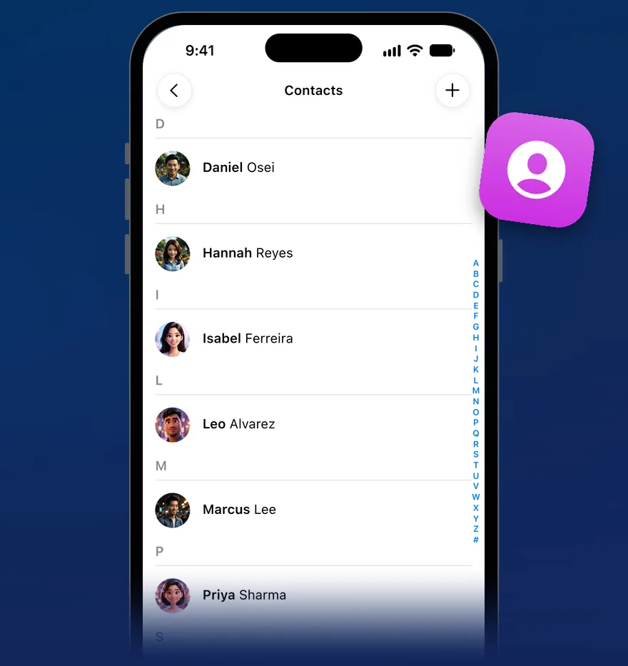 Sync Profile Photos chosen from the Contacts menu, the sync result, then the Contacts app showing each person’s new profile picture