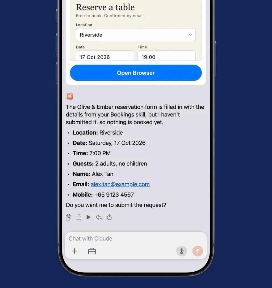 A WhatsApp message asking for a restaurant booking, the Skill sheet with the Bookings Skill chosen and Generate tapped, then the agent chat filling in the restaurant’s booking form in its browser card and full screen, and its answer listing the details before anything is submitted