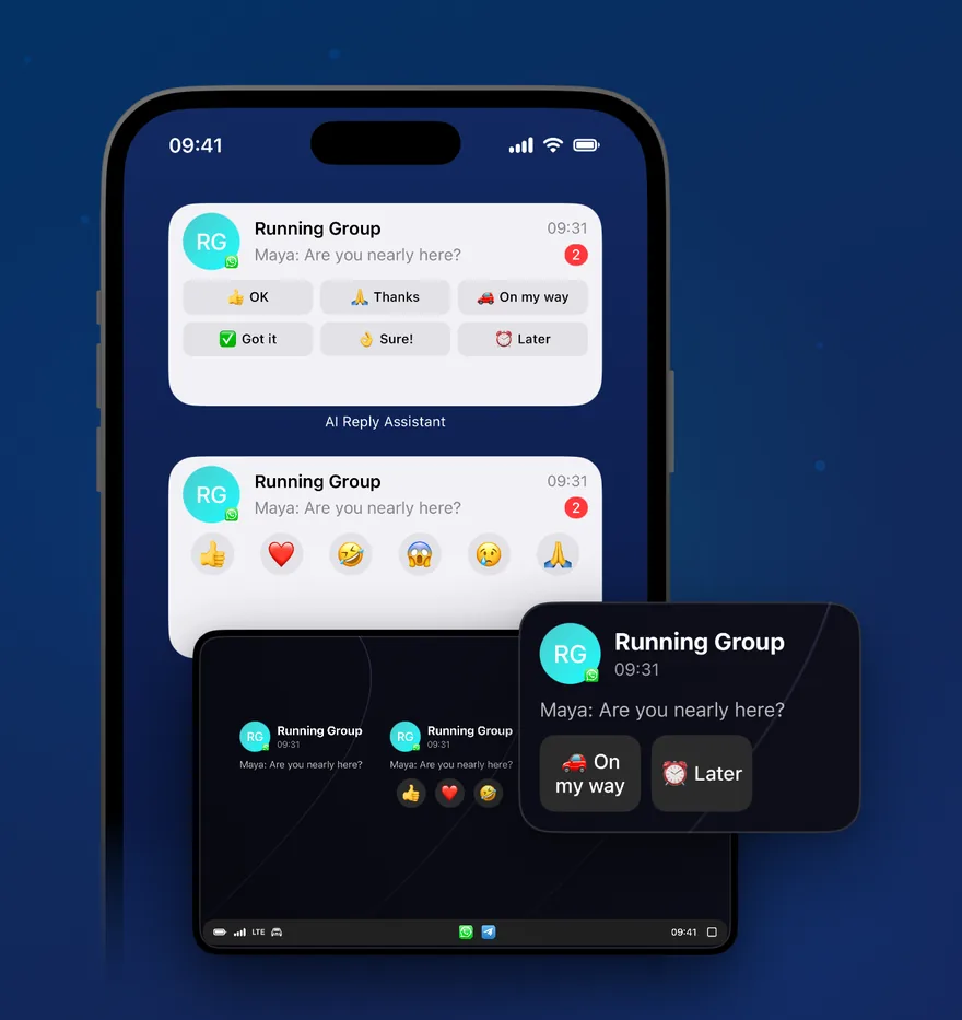A Quick Reply widget on the Home Screen beside the same widgets on a CarPlay dashboard