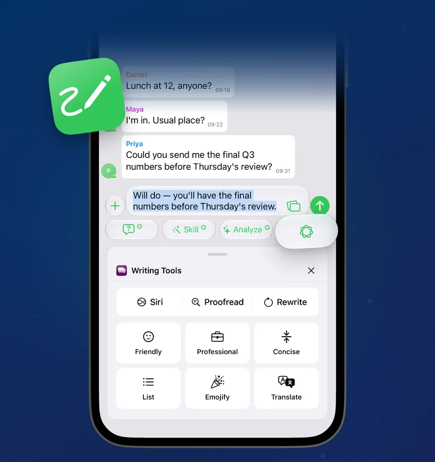 A group chat with a reply typed in the message field and the Writing Tools panel open below it, with Proofread, Rewrite and tone options