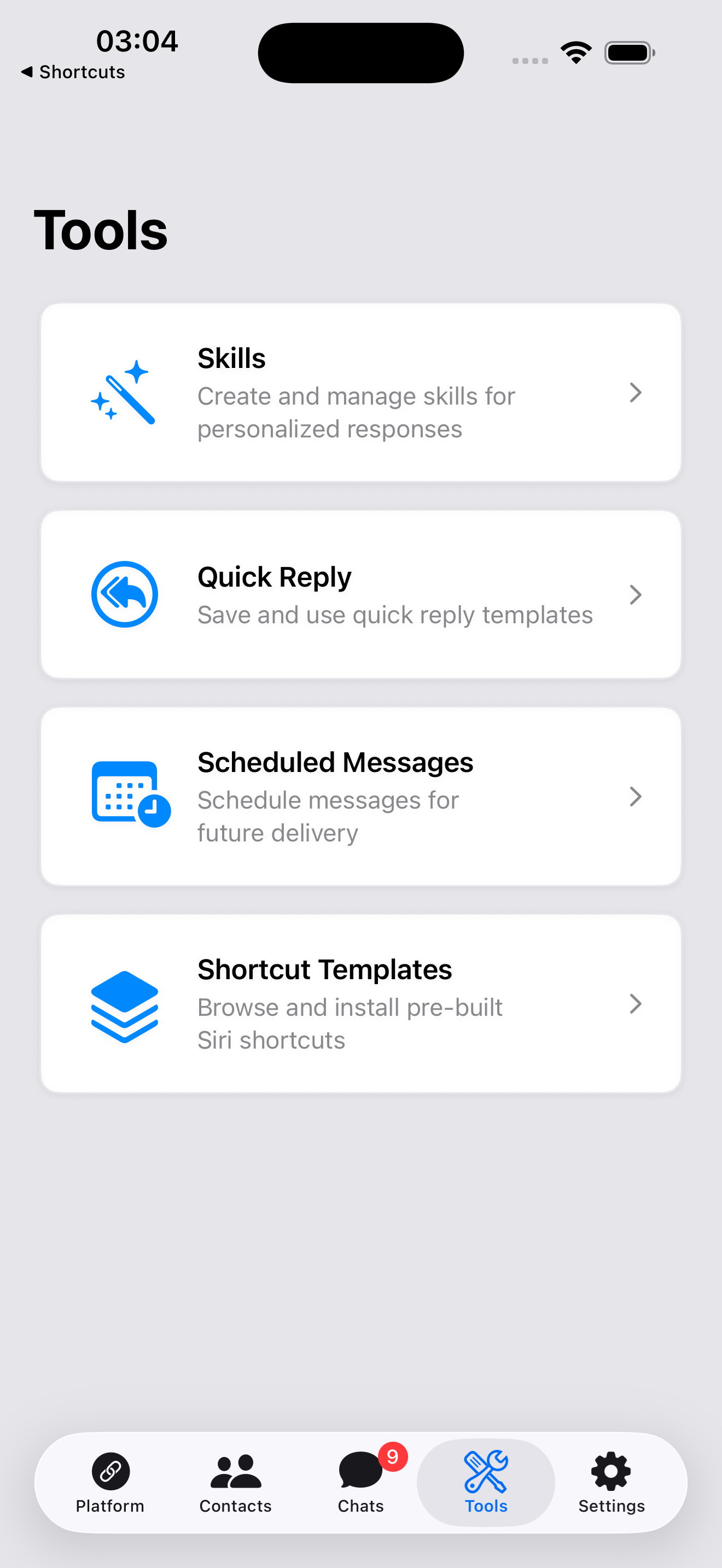 AI Reply Assistant tools tab listing connected providers and skills