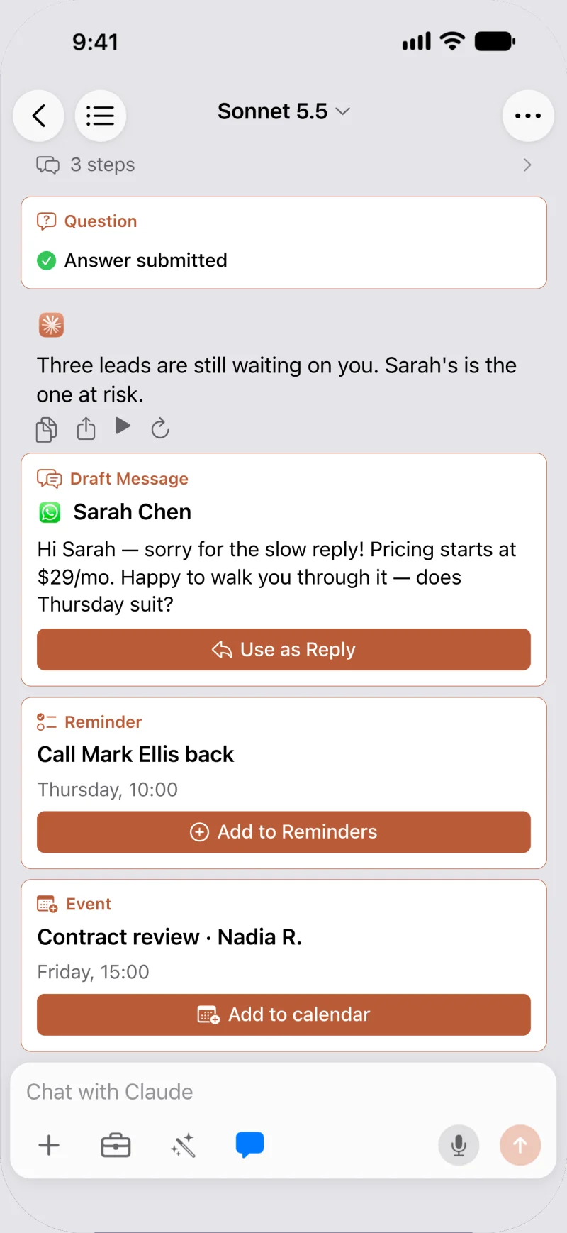 AI Reply Assistant agent chat with a draft message, a reminder and a calendar event ready to add