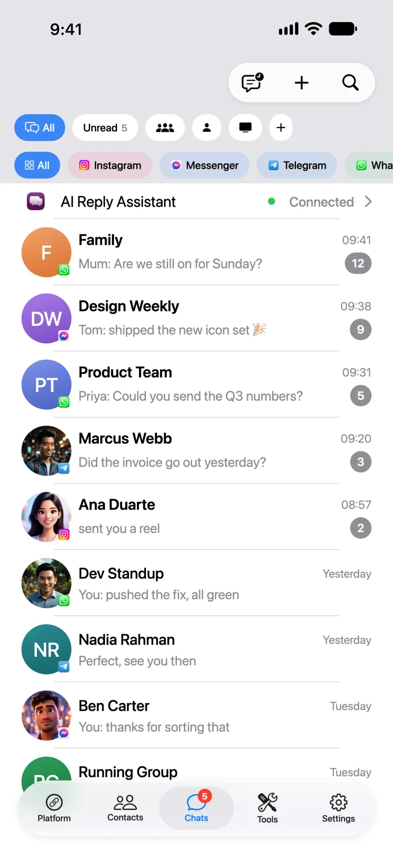 AI Reply Assistant unified inbox with chats from WhatsApp, Messenger, Telegram, and Instagram in one list