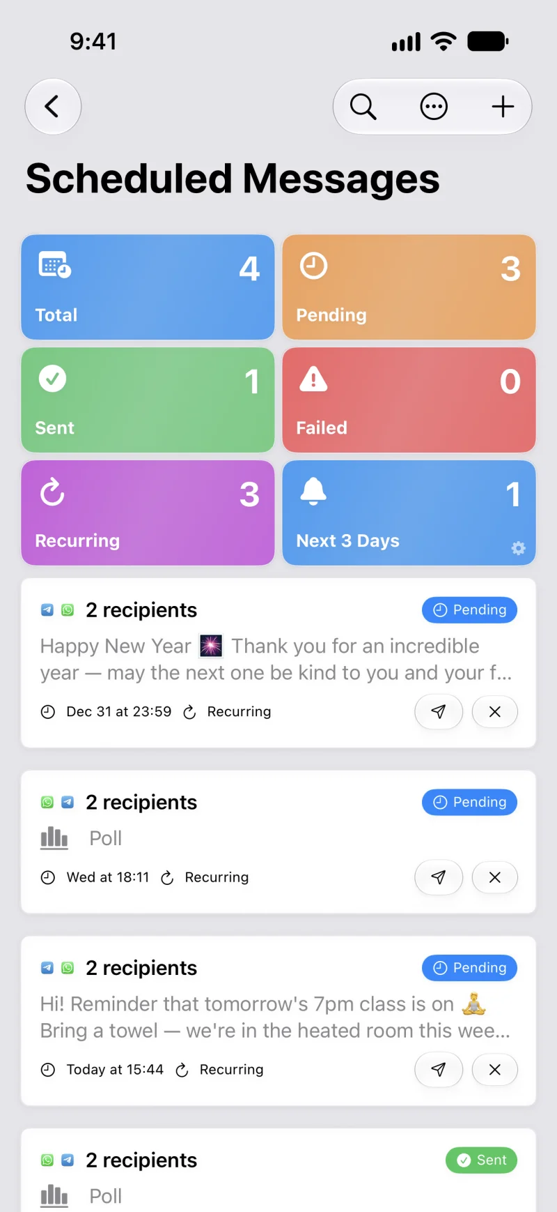 AI Reply Assistant Scheduled Messages with status tiles and recurring broadcast messages