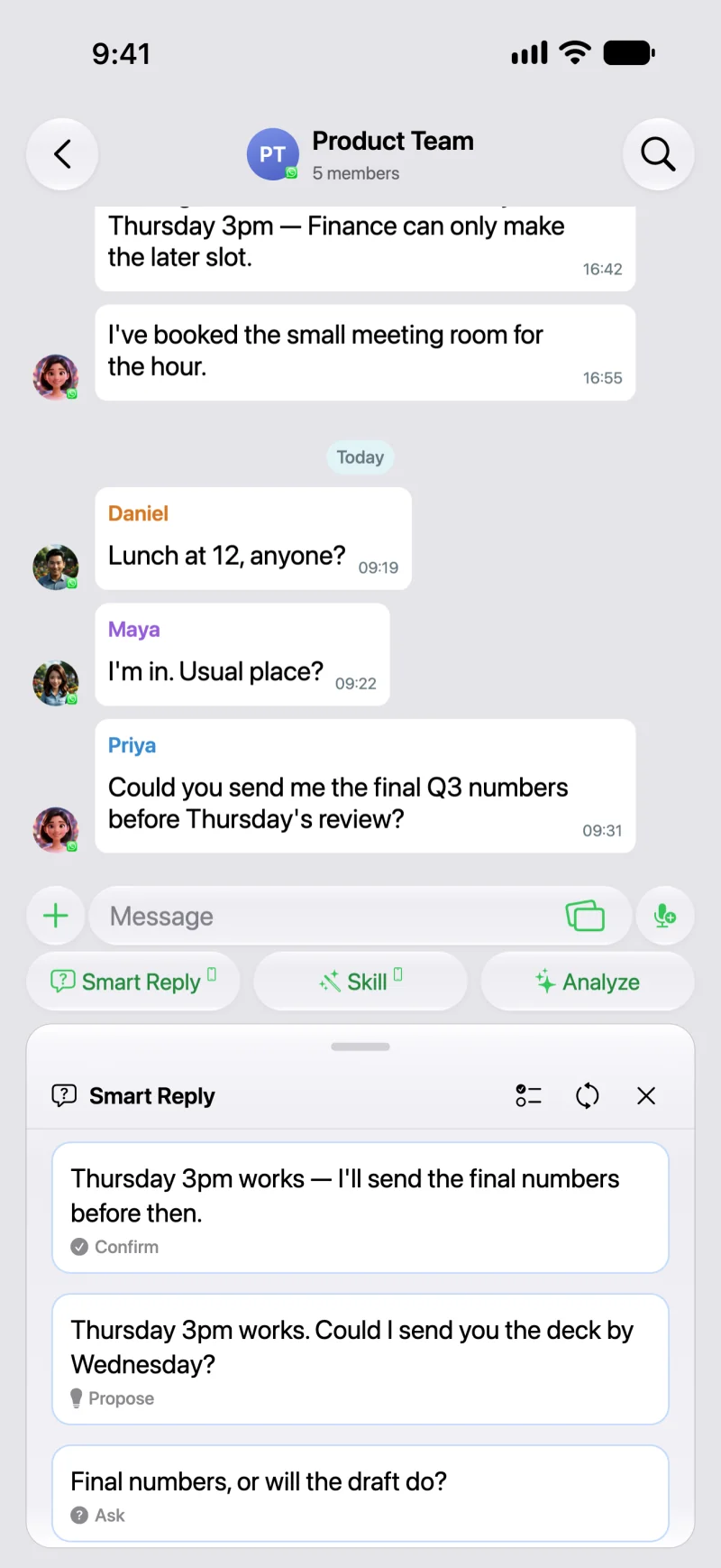 AI Reply Assistant Smart Reply offering three drafted replies in a group chat