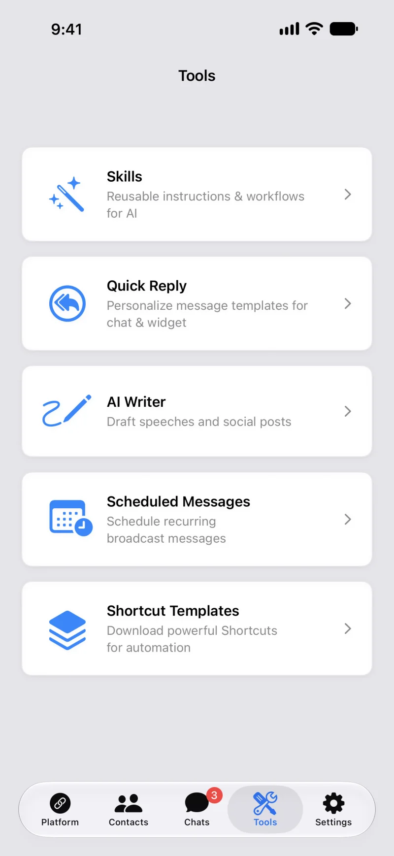 AI Reply Assistant Tools tab listing Skills, Quick Reply, AI Writer, Scheduled Messages, and Shortcut Templates