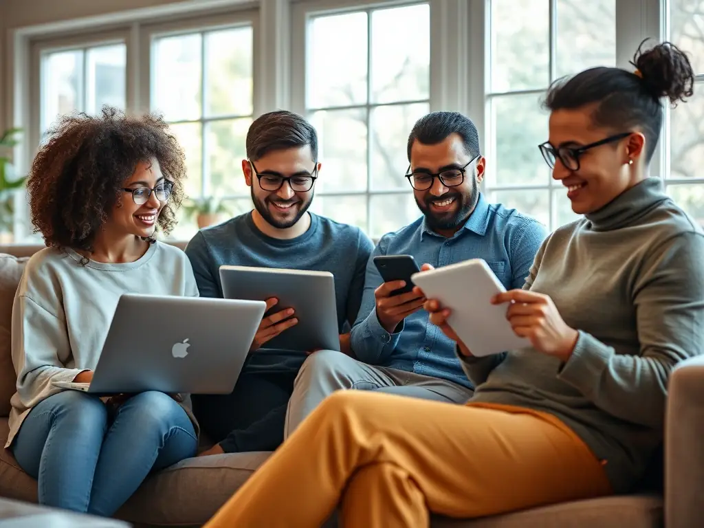 A friendly, diverse group of people interacting with Flowbie's AI Reply Assistant on various devices (laptop, tablet, smartphone) in a casual setting, emphasizing the technology's accessibility.