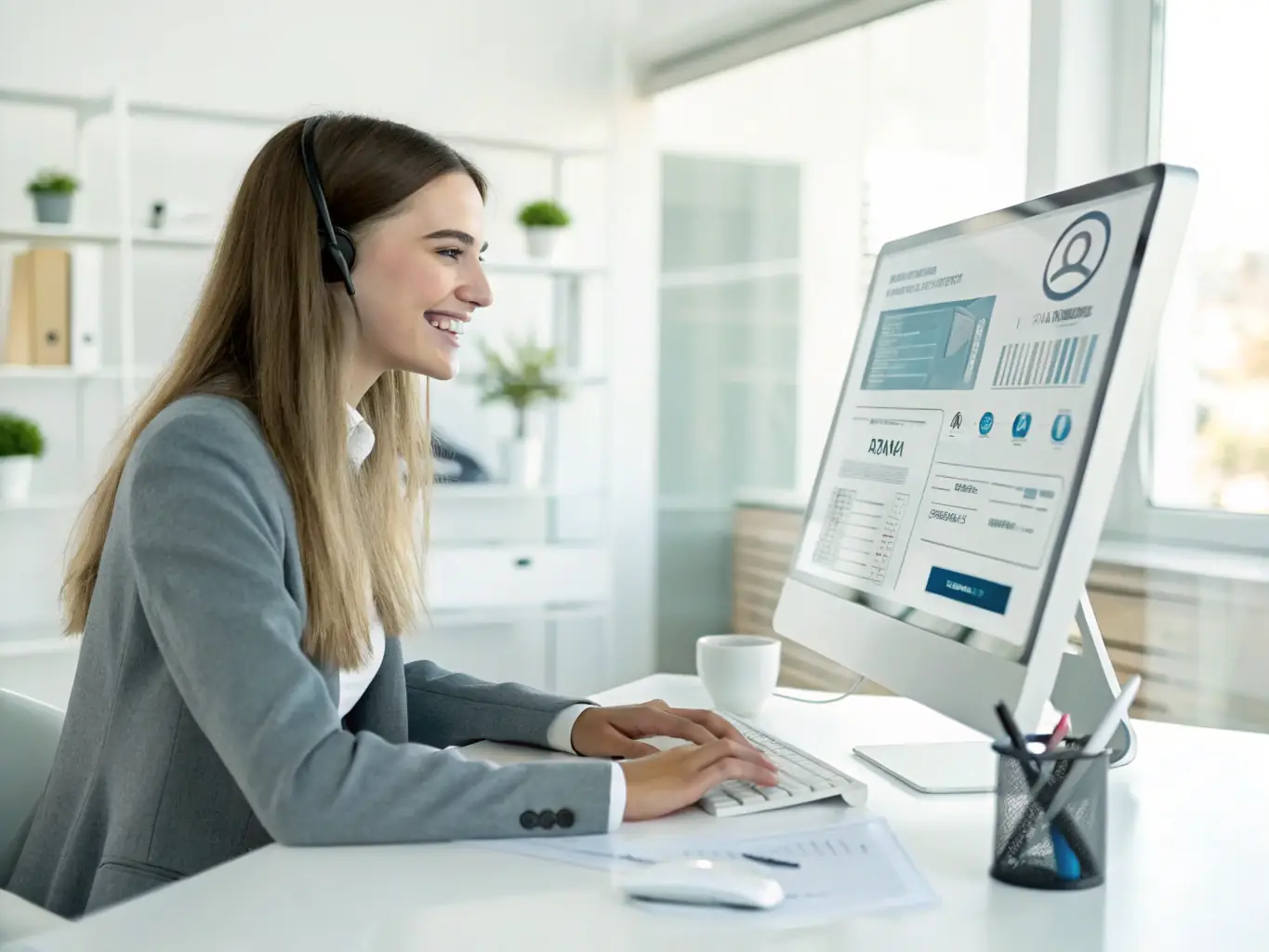 A customer service representative efficiently managing multiple customer inquiries through an AI-powered interface, highlighting personalized responses and quick resolution times.