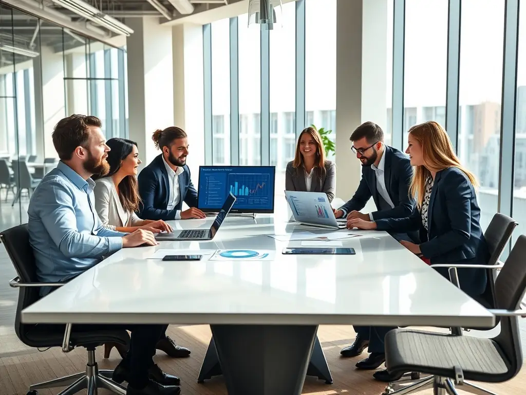 A diverse group of employees communicating effectively through an AI-enhanced internal communication platform, showcasing features like automated message routing and intelligent content suggestions.