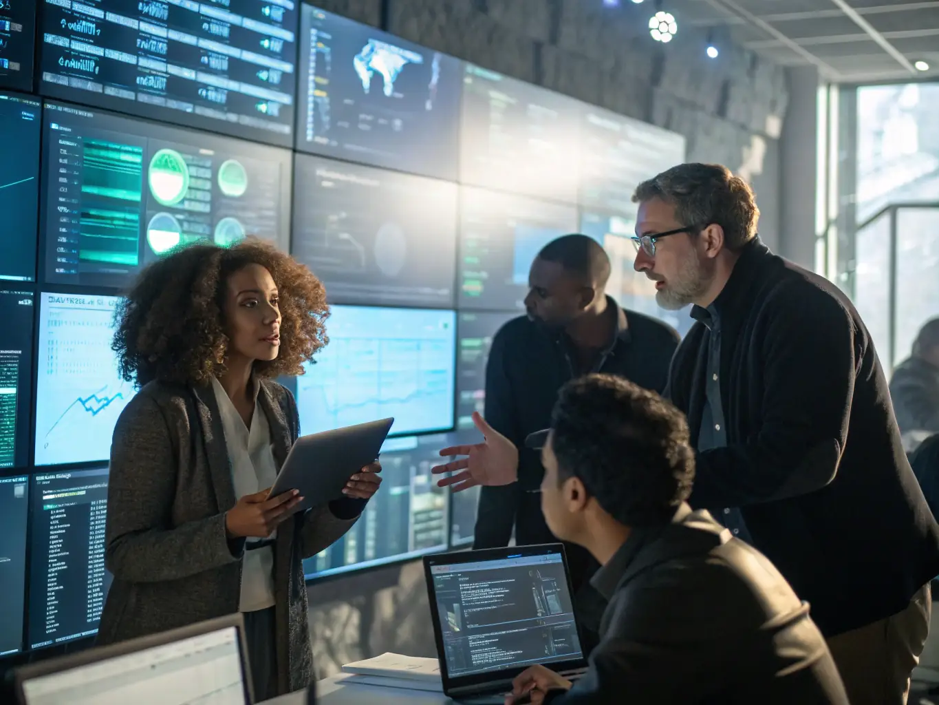 A professional workspace featuring a diverse team collaborating around a large interactive display showcasing integrated data dashboards and communication flows, emphasizing seamless data exchange and real-time collaboration.