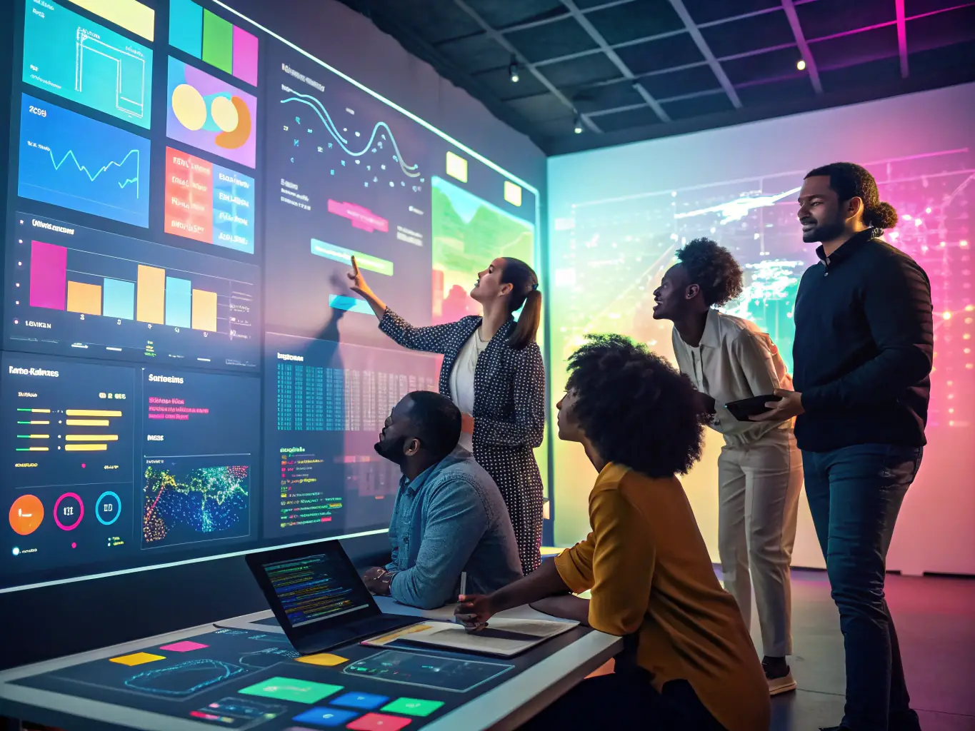 A diverse team of AI researchers and engineers collaborating on a complex algorithm visualization on a large interactive display in a modern, sunlit Singapore office, reflecting Flowbie's R&D capabilities.